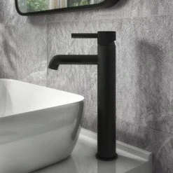 Arezzo Fluted Round Matt Black High Rise Mono Basin Mixer Tap -Basin Taps Shop AZ2LTMBF nd3 460