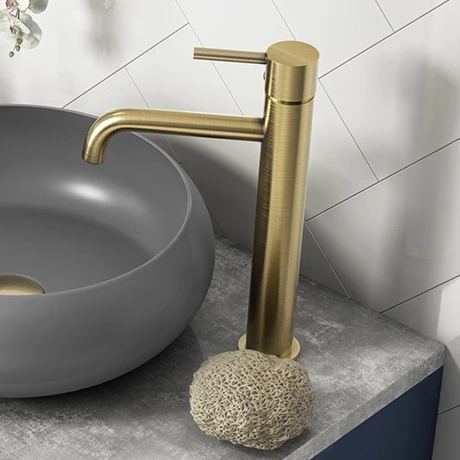 Arezzo Round Brushed Brass High Rise Mono Basin Mixer Tap 1 Arezzo Round Brushed Brass High Rise Mono Basin Mixer Tap