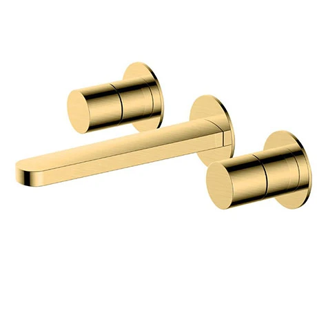 RAK Petit Round Wall Mounted 3 Hole Basin Mixer - Brushed Gold - RAKPER3010G 1 RAK Petit Round Wall Mounted 3 Hole Basin Mixer - Brushed Gold - RAKPER3010G